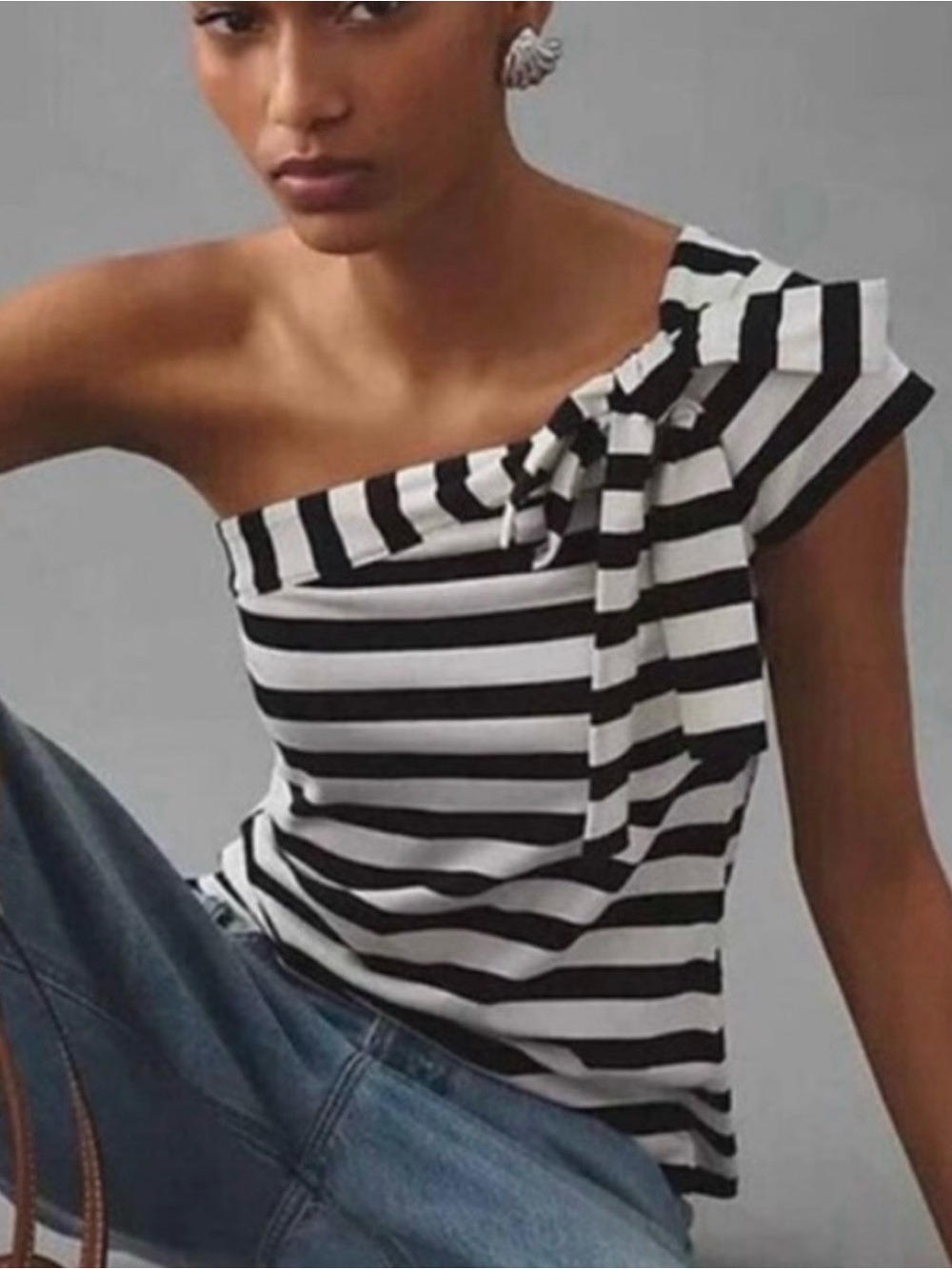Maeve Black & White One-Shoulder Bow Tank.